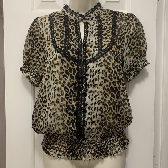 Forever Tops - Forever Leopard Print Blouse Sz S Lace Trim Puff Sleeve Smocked Hem Y2K Made USA